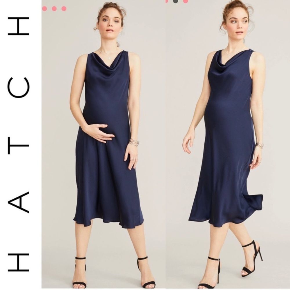 Hatch Maternity Satin Cowl Slip Midi Formal Dress Navy Blue Harlow Size Small